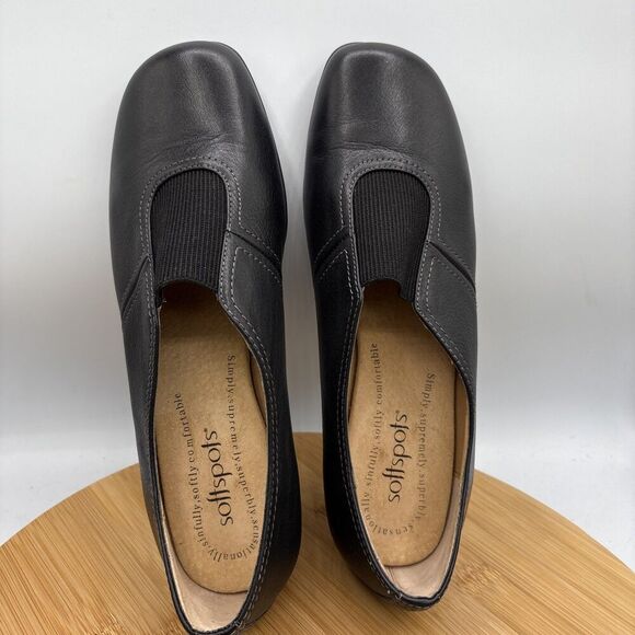 Softspots Womens 8.5M Wedge Elastic Panel Black Leather Round Toe casual Comfort - Picture 6 of 10